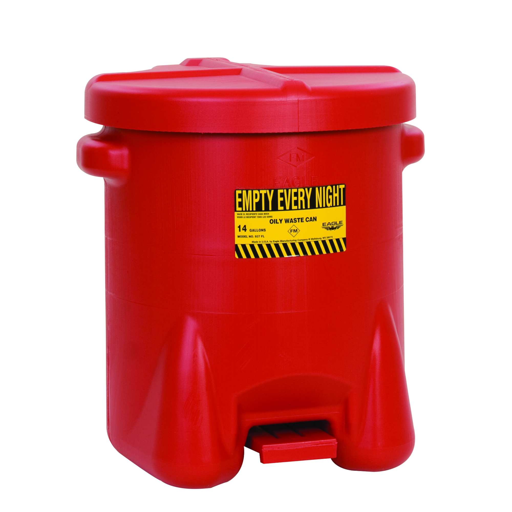 Eagle Plastic Oily Waste Can — 14 Gallons, Hands-Free, Self-Close, Red, Model# 937FL
